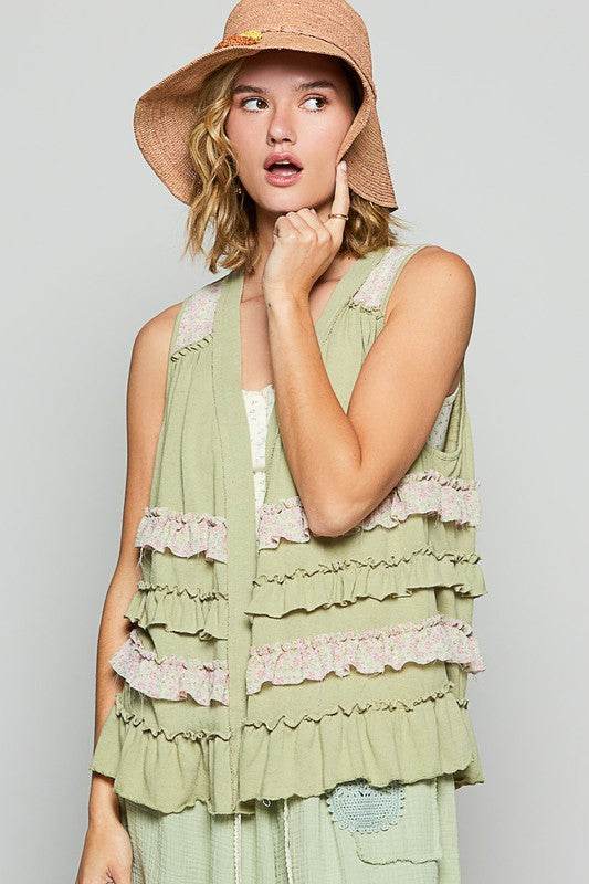 POL Ruffled Open Front Sleeveless Cardigan for a perfect OOTD – dress to impress outfits from Amexza