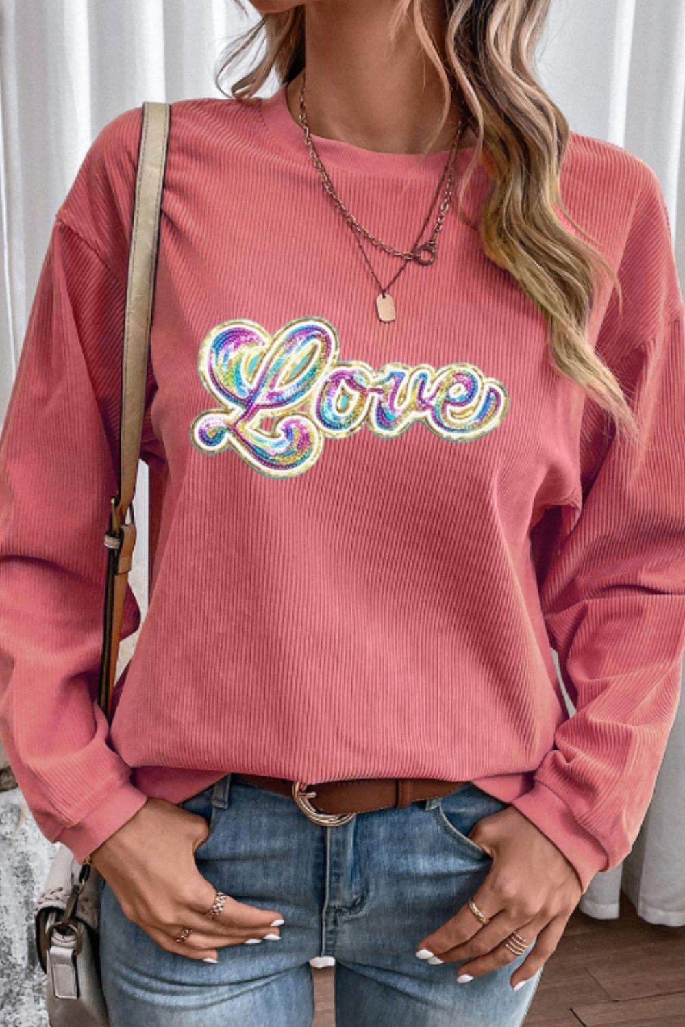 Valentine's Day LOVE Round Neck Long Sleeve Sweatshirt Burnt Coral for a perfect OOTD – dress to impress outfits from Amexza