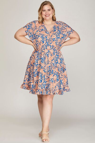 She + Sky Full Size Ruffled Hem Printed Surplice Kimono Sleeve Mini Dress Plus Size for a perfect OOTD – dress to impress outfits from Amexza