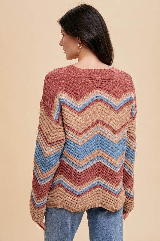 Annie Wear Multi Color Zig-Zag Round Neck Sweater for a perfect OOTD – dress to impress outfits from Amexza