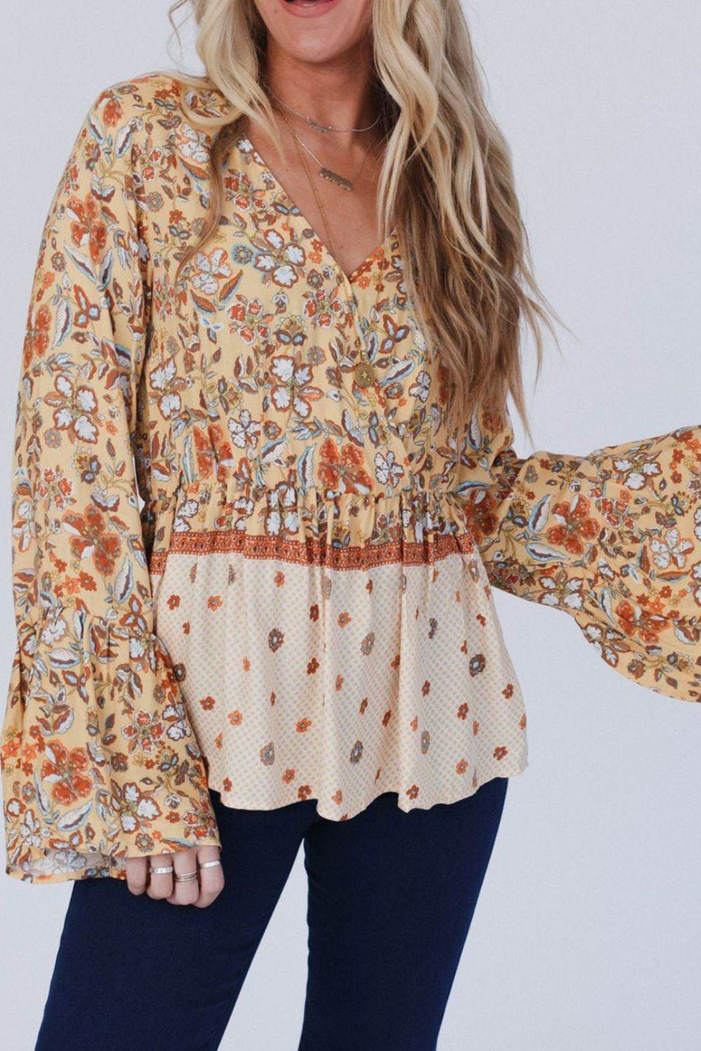 Peplum Printed Surplice Flare Sleeve Blouse for a perfect OOTD – dress to impress outfits from Amexza