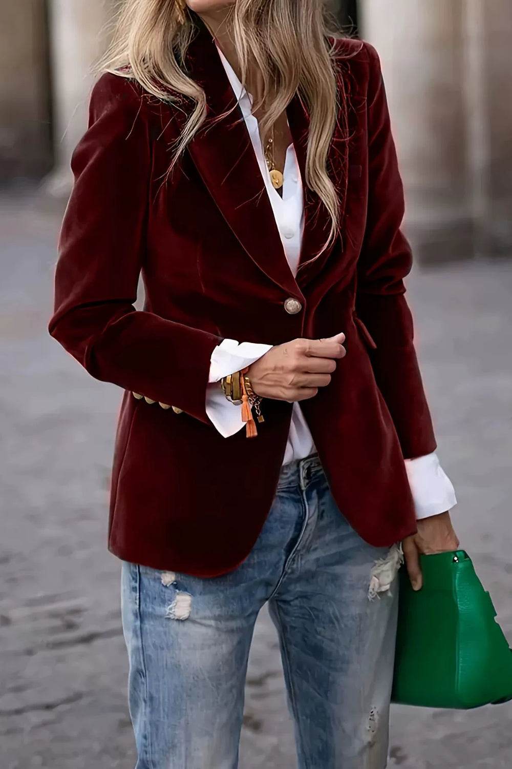 Lapel Collar One Button Blazer Burgundy for a perfect OOTD – dress to impress outfits from Amexza