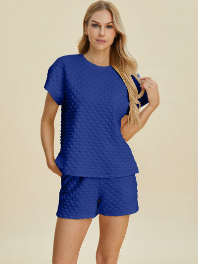 Double Take Full Size Texture T-Shirt and Shorts Set Royal Blue for a perfect OOTD – dress to impress outfits from Amexza