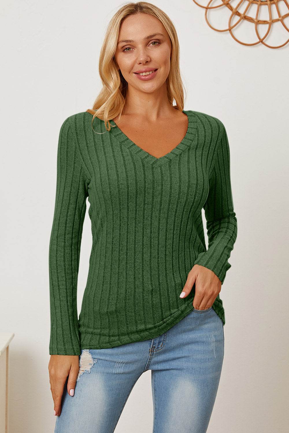 Basic Bae Full Size Ribbed V-Neck Long Sleeve T-Shirt Green for a perfect OOTD – dress to impress outfits from Amexza