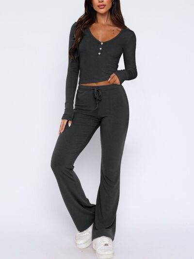 V-Neck Long Sleeve Top and Pants Set - Amexza