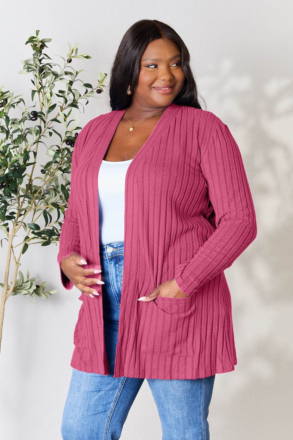 Basic Bae Full Size Ribbed Open Front Cardigan with Pockets for a perfect OOTD – dress to impress outfits from Amexza