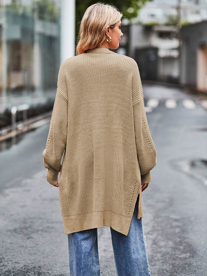 Long Sleeve Waffle-Knit Cardigan - Amexza