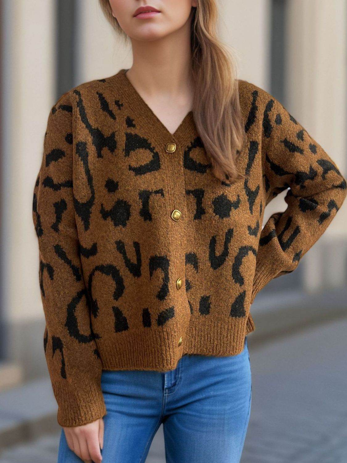 Leopard V-Neck Button Up Cardigan - Amexza