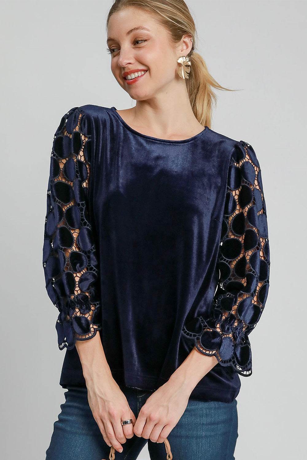 Umgee Polka Dot Lace Long Sleeve Round Neck Blouse Navy for a perfect OOTD – dress to impress outfits from Amexza