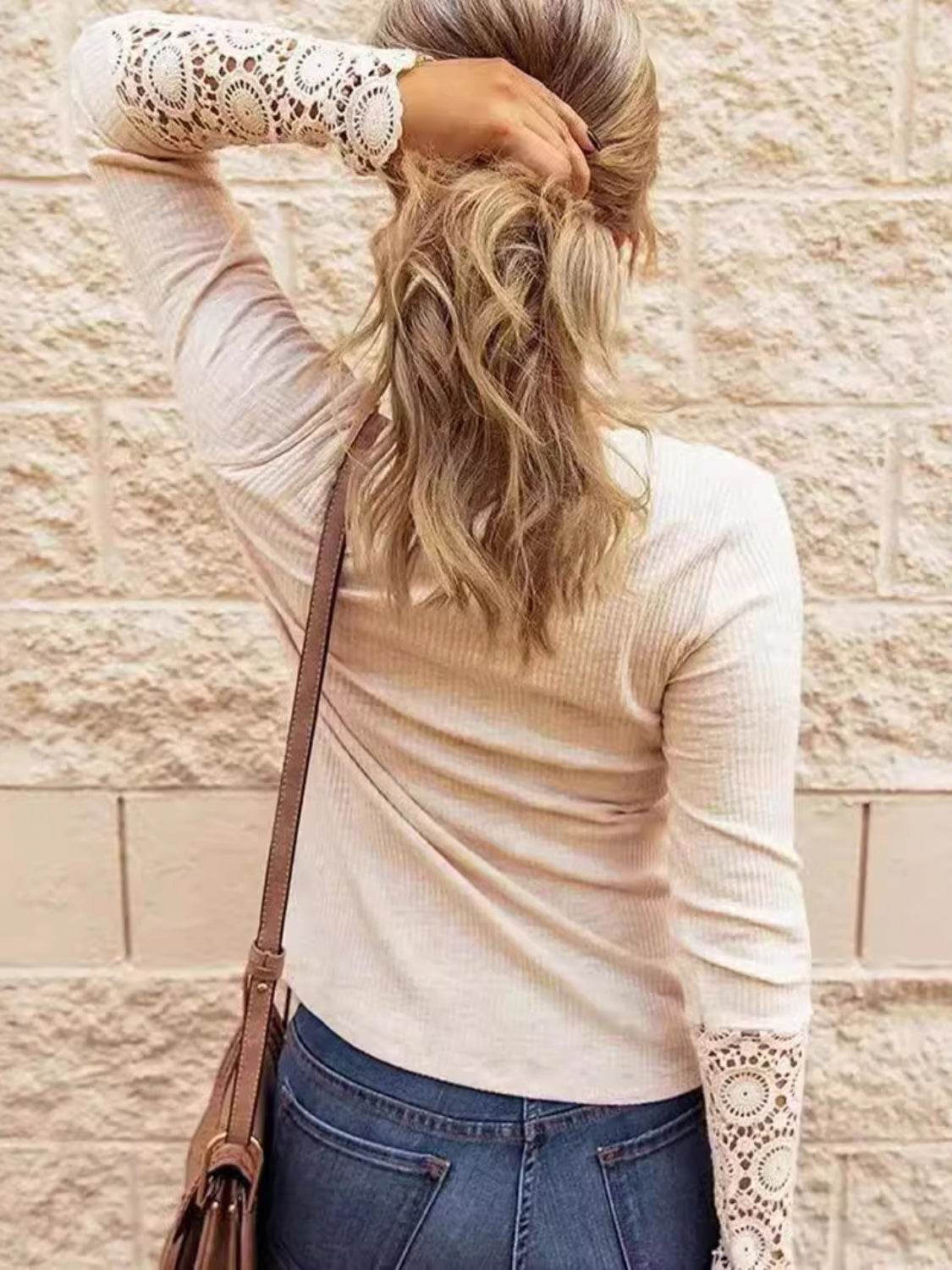 Lace Detail Half Button Round Neck Long Sleeve T-Shirt for a perfect OOTD – dress to impress outfits from Amexza