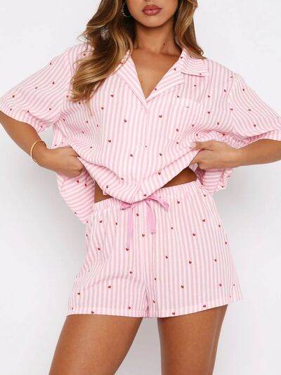 Valentine's Day Printed Collared Neck Short Sleeve Top and Shorts Set for a perfect OOTD – dress to impress outfits from Amexza