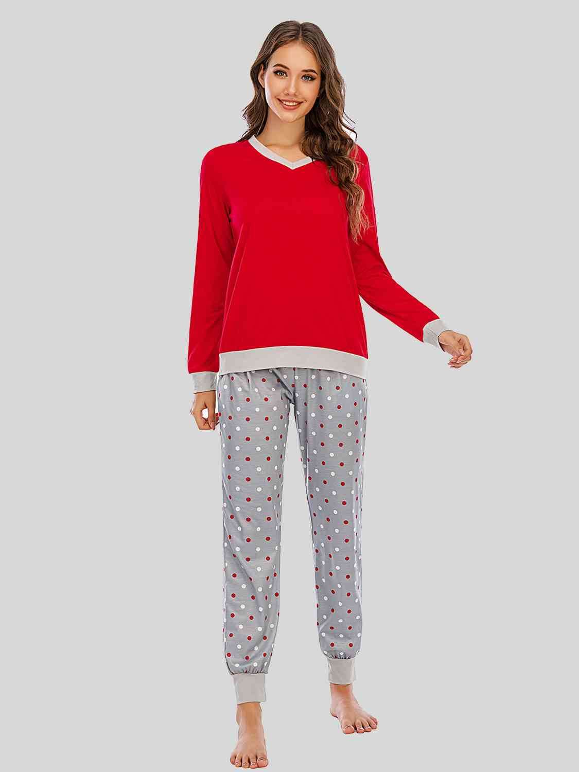 Long Sleeve Top and Polka Dot Pants Set Deep Red for a perfect OOTD – dress to impress outfits from Amexza