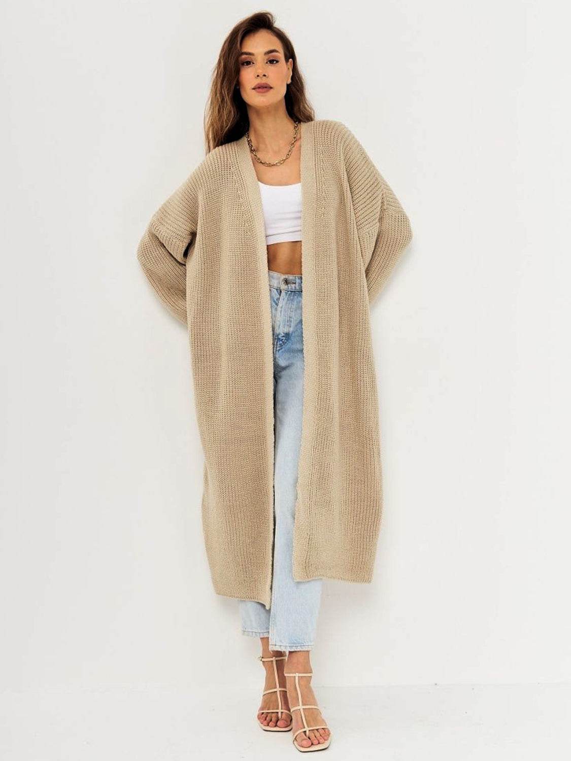 Open Front Long Sleeve Longline Cardigan - Amexza