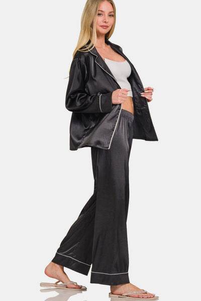 Zenana Satin Long Sleeve Shirt and Pants Pajama Set for a perfect OOTD – dress to impress outfits from Amexza