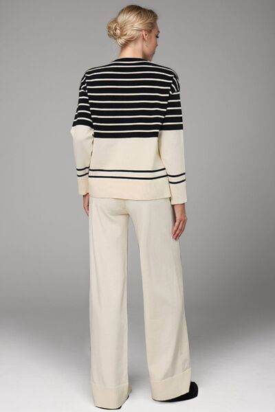 Basic Bae Striped Round Neck Long Sleeve Top and Pants Sweater Set - Amexza