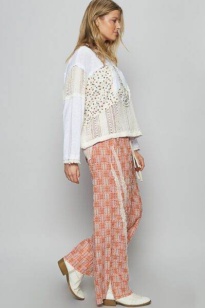 POL Lace Trim Drawstring Checkered Wide Leg Pants - Amexza