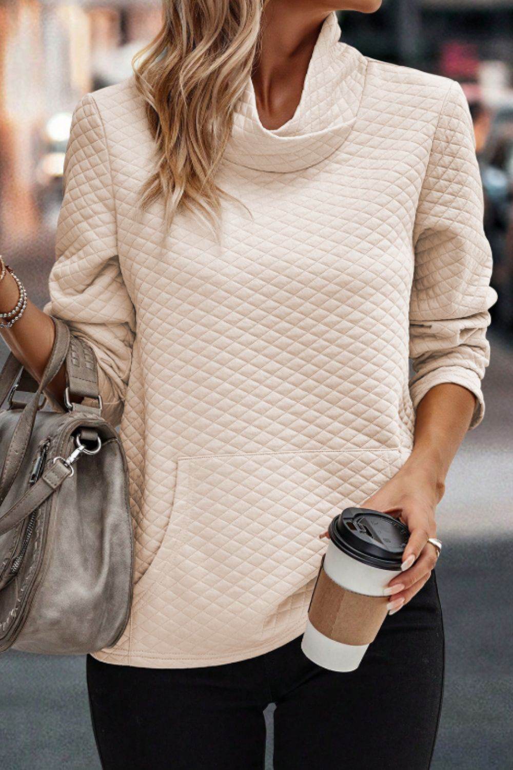 Textured Turtleneck Long Sleeve Sweatshirt Beige for a perfect OOTD – dress to impress outfits from Amexza