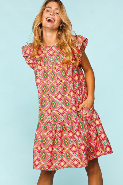 Haptics Full Size Ruffled Printed Dress with Side Pockets Coral for a perfect OOTD – dress to impress outfits from Amexza