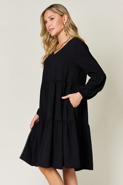 Double Take Full Size V-Neck Balloon Sleeve Tiered Dress with Pockets for a perfect OOTD – dress to impress outfits from Amexza