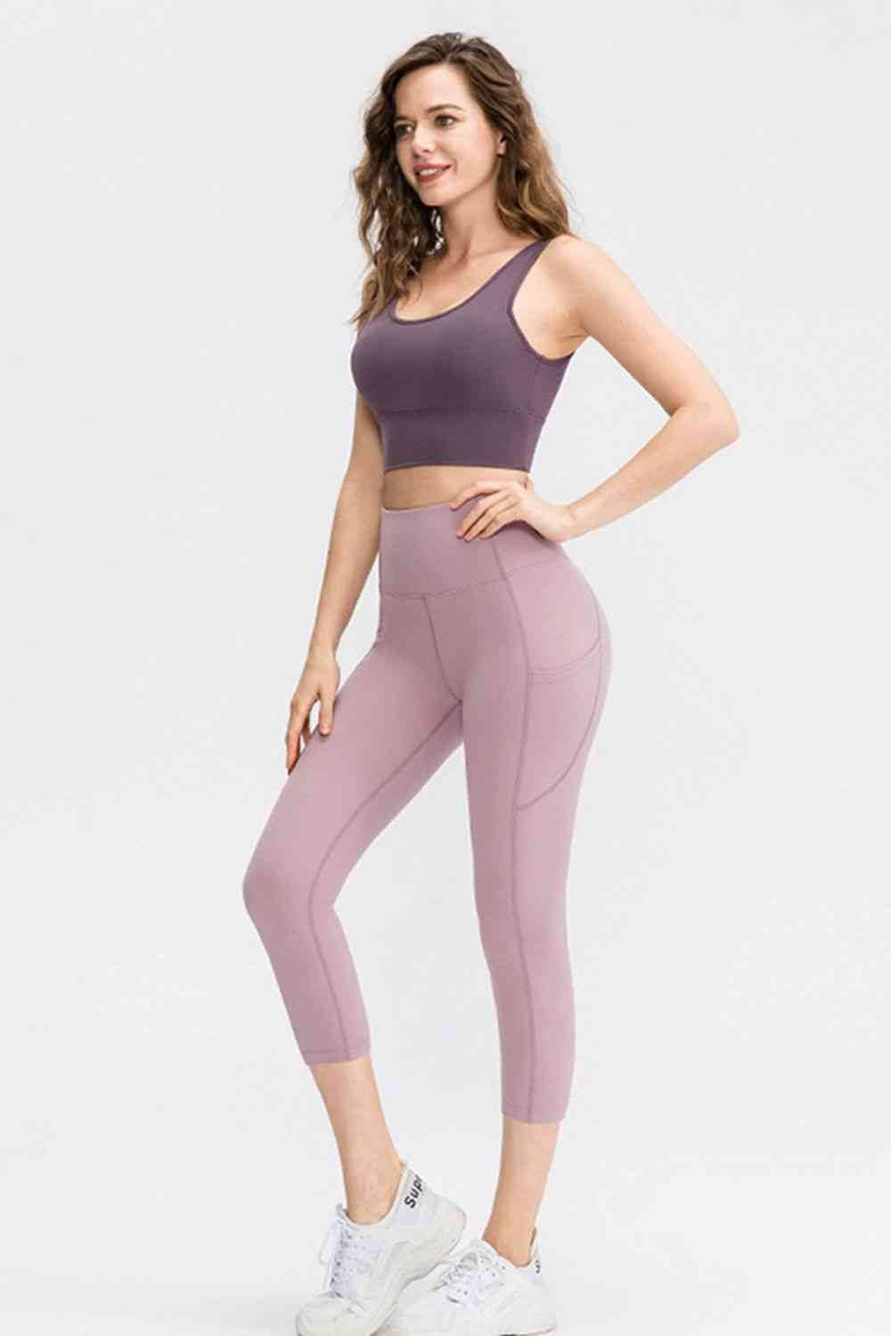 Wide Waistband Cropped Active Leggings with Pockets - Amexza