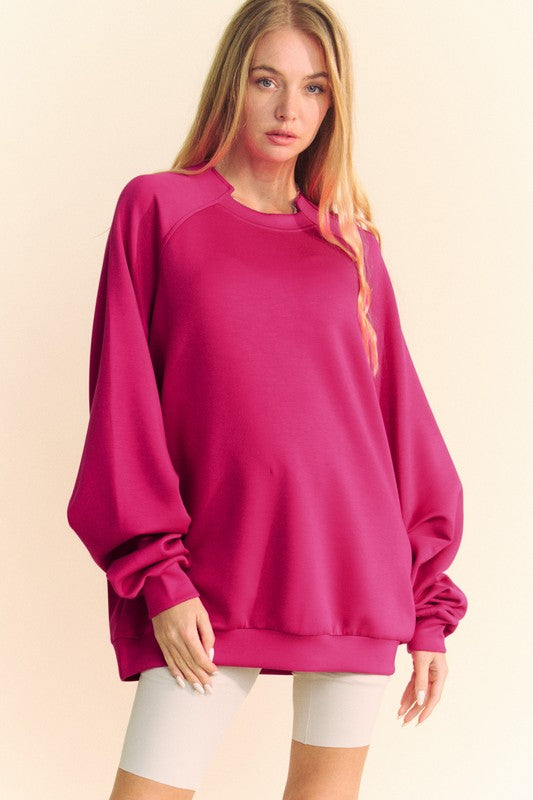 Davi & Dani Round Neck Raglan Sleeve Sweatshirt Deep Rose for a perfect OOTD – dress to impress outfits from Amexza