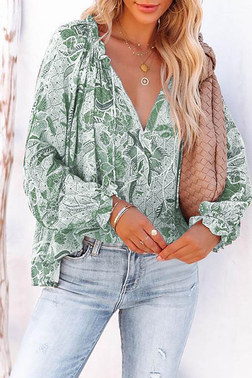 Floral Tie Neck Flounce Sleeve Blouse Green for a perfect OOTD – dress to impress outfits from Amexza