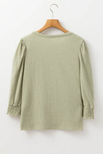 Textured Round Neck Three-Quarter Sleeve Blouse - Amexza