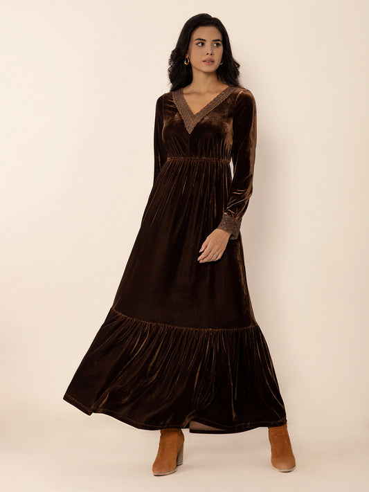 Lace Detail V-Neck Long Sleeve Maxi Dress - Dark Brown / S