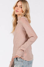 SAGE + FIG Glitter Mock Neck Lettuce Hem Long Sleeve Top - Amexza