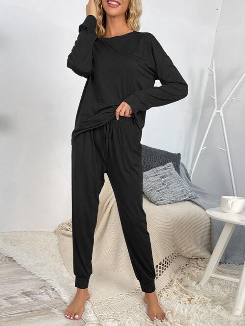 Shiny Round Neck Top and Drawstring Pants Lounge Set Black for a perfect OOTD – dress to impress outfits from Amexza