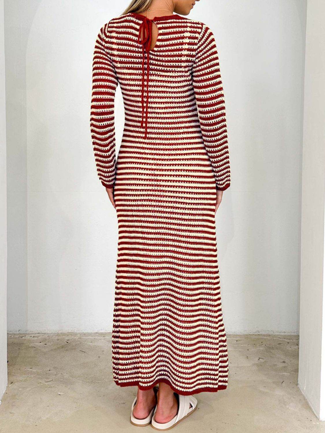 Devine Tied Round Neck Striped Sweater Dress for a perfect OOTD – dress to impress outfits from Amexza