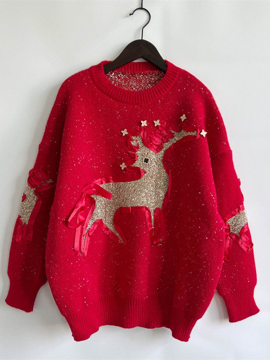 Reindeer Round Neck Long Sleeve Sweater for a perfect OOTD – dress to impress outfits from Amexza