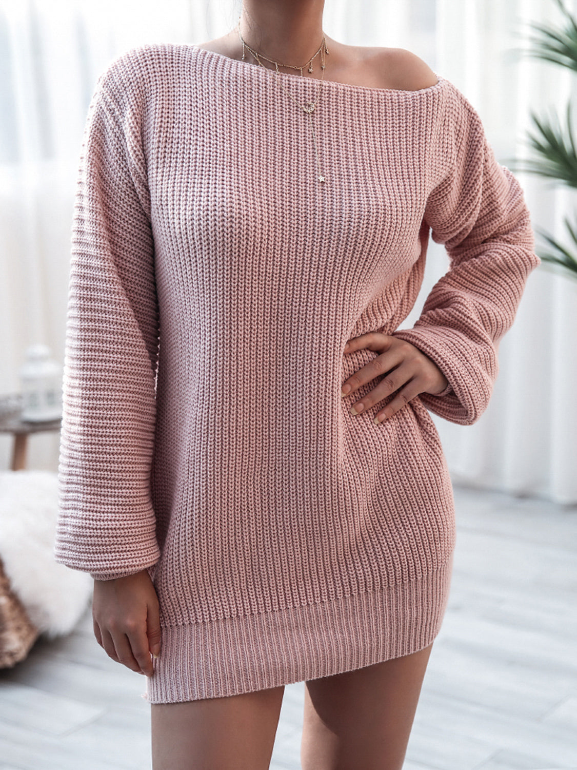 Rib-Knit Mini Sweater Dress - Dusty Pink / S