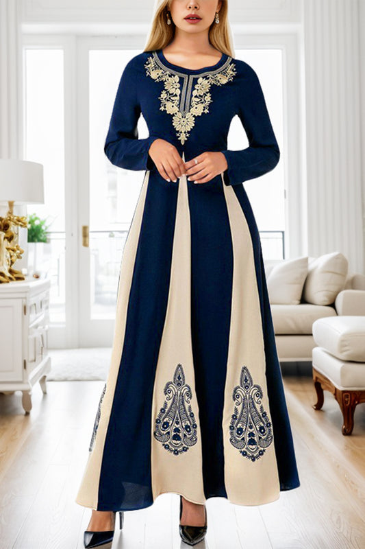 Printed Round Neck Long Sleeve Maxi Dress - Dark Blue / S