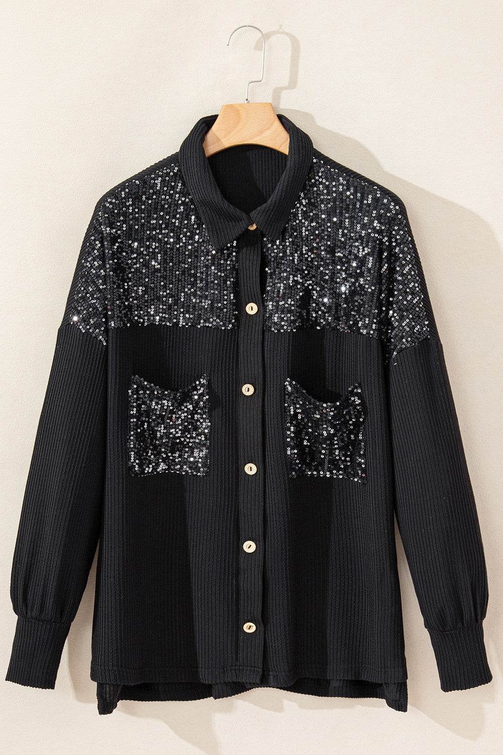 Sequin Button Up Dropped Shoulder Jacket Black for a perfect OOTD – dress to impress outfits from Amexza