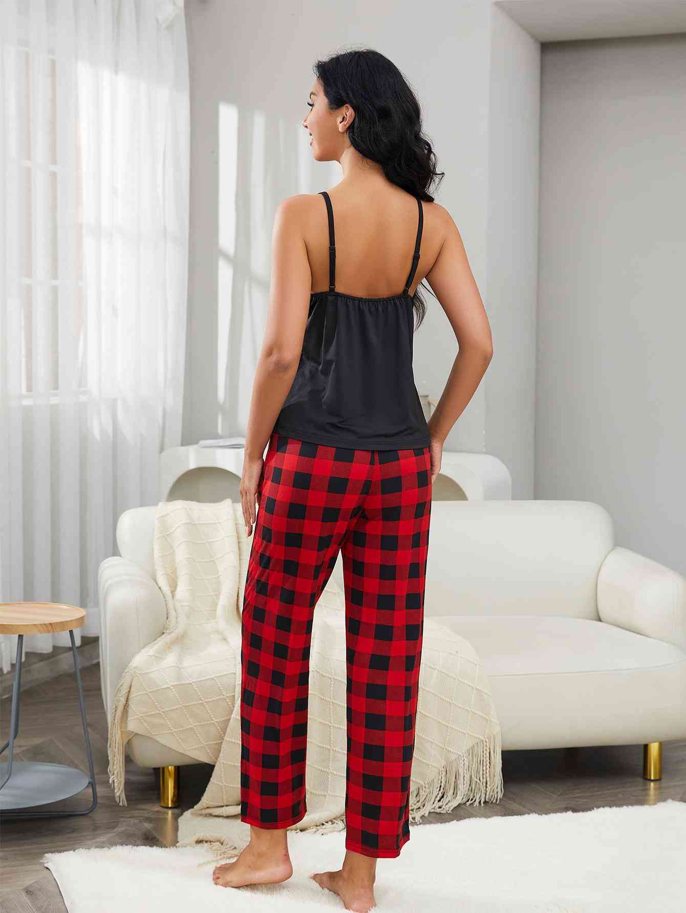 Lace Trim Cami and Plaid Pants Lounge Set for a perfect OOTD – dress to impress outfits from Amexza