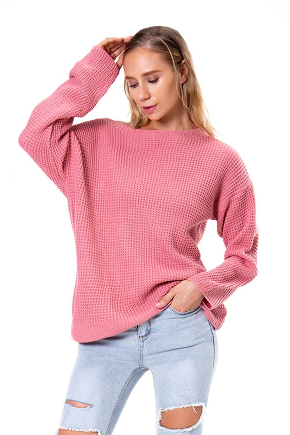 Boat Neck Drop Shoulder Long Sleeve Sweater for a perfect OOTD – dress to impress outfits from Amexza