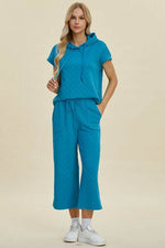 Double Take Full Size Texture Drawstring Short Sleeve Hoodie and Pocketed Pants Set for a perfect OOTD – dress to impress outfits from Amexza