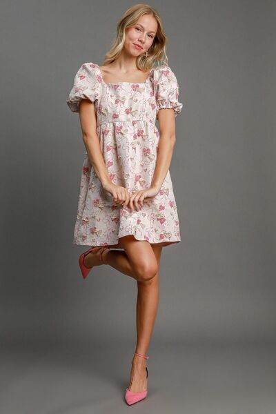 Umgee Heart Jacquard Square Neck Puff Sleeve Mini Dress Pink for a perfect OOTD – dress to impress outfits from Amexza