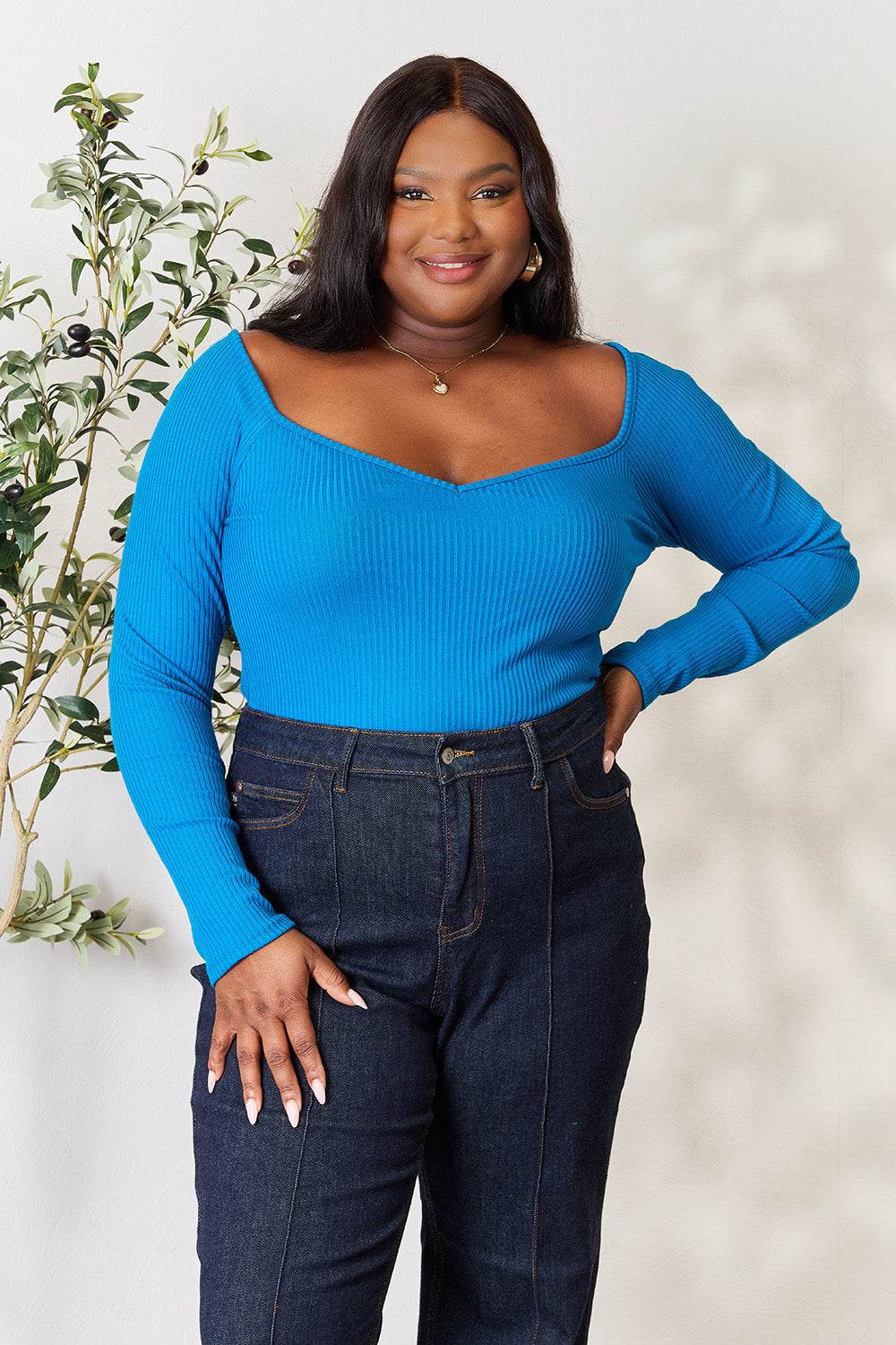 Culture Code Full Size Ribbed Sweetheart Neck Knit Top Blue Teal for a perfect OOTD – dress to impress outfits from Amexza