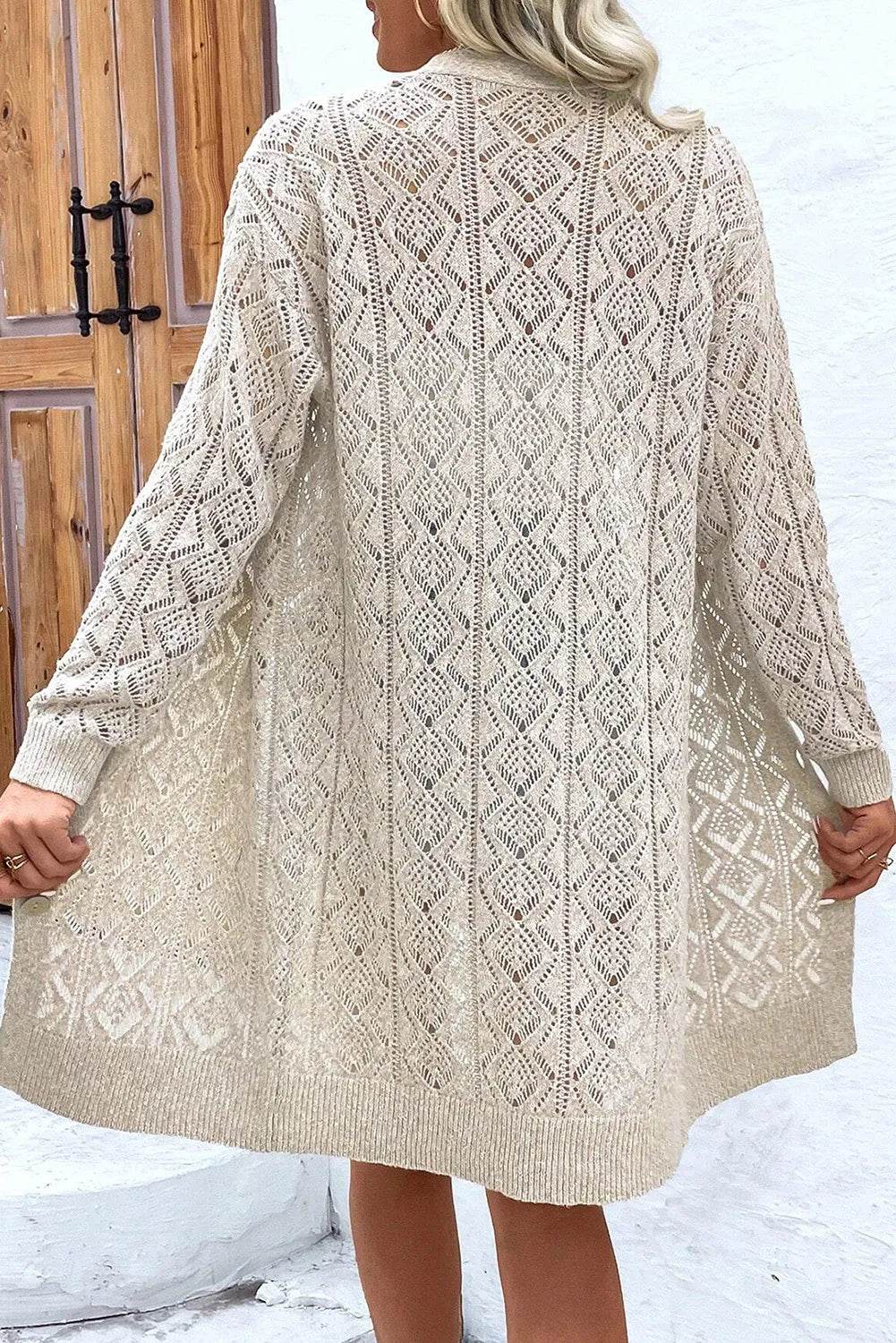 Openwork Button Down Long Sleeve Cardigan - Amexza