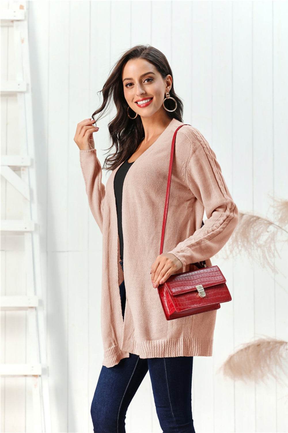 Cable-Knit Open Front Long Sleeve Cardigan for a perfect OOTD – dress to impress outfits from Amexza