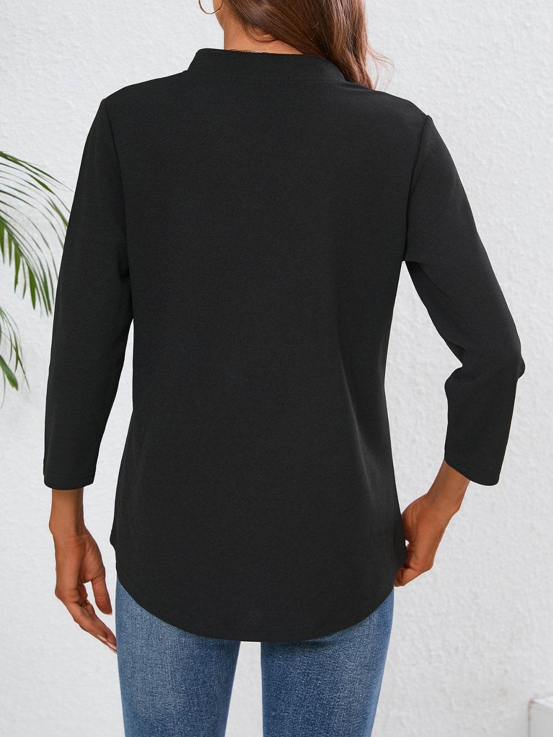 Notched Three-Quarter Sleeve Top - Amexza