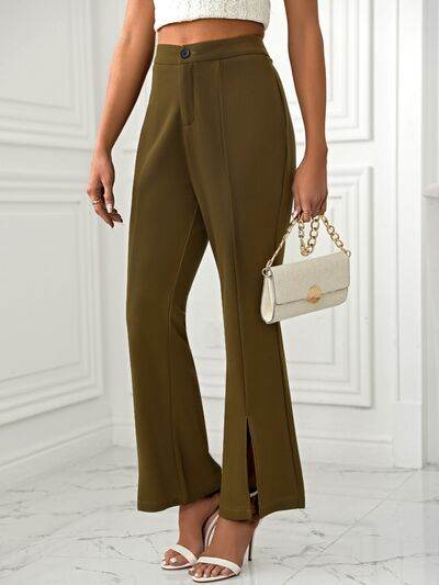 Slit Flare Pants with Pockets Olive Brown for a perfect OOTD – dress to impress outfits from Amexza