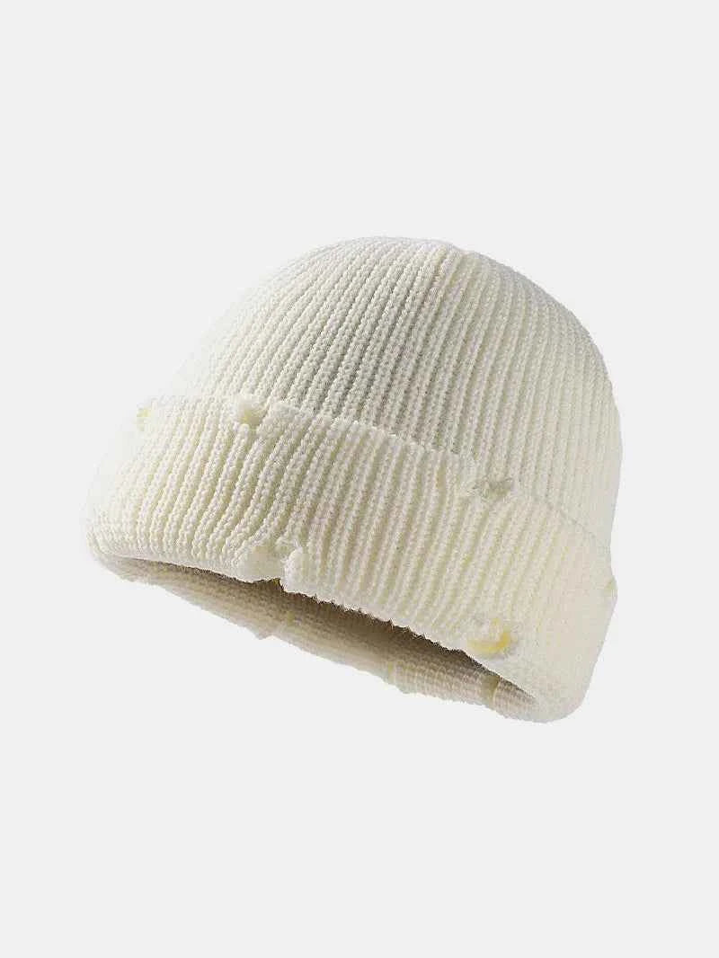 Distressed Cuffed Knit Hat White One Size for a perfect OOTD – dress to impress outfits from Amexza
