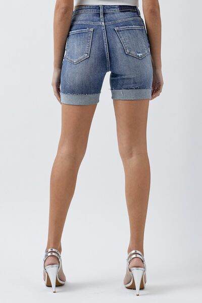 RISEN Full Size Distressed Rolled Denim Shorts with Pockets for a perfect OOTD – dress to impress outfits from Amexza