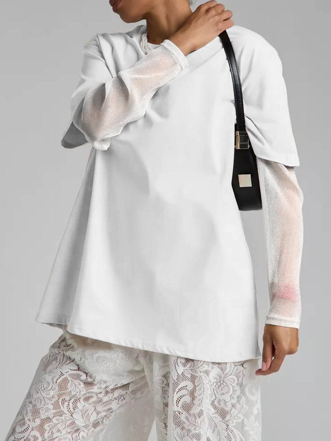 Faux Layered Round Neck Mesh Sleeve Top - Amexza