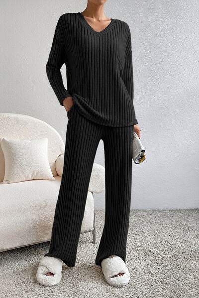 Ribbed V-Neck Top and Pants Lounge Set Black for a perfect OOTD – dress to impress outfits from Amexza