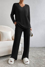 Ribbed V-Neck Top and Pants Lounge Set Black for a perfect OOTD – dress to impress outfits from Amexza