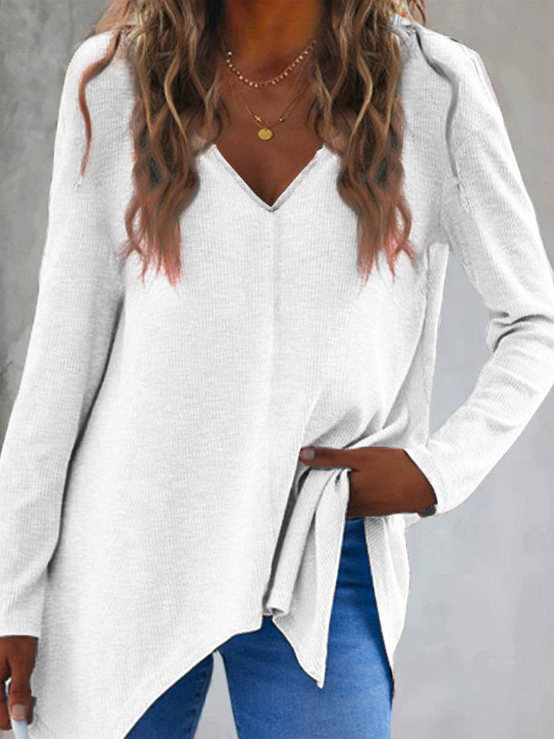 Full Size V-Neck Long Sleeve T-Shirt White for a perfect OOTD – dress to impress outfits from Amexza